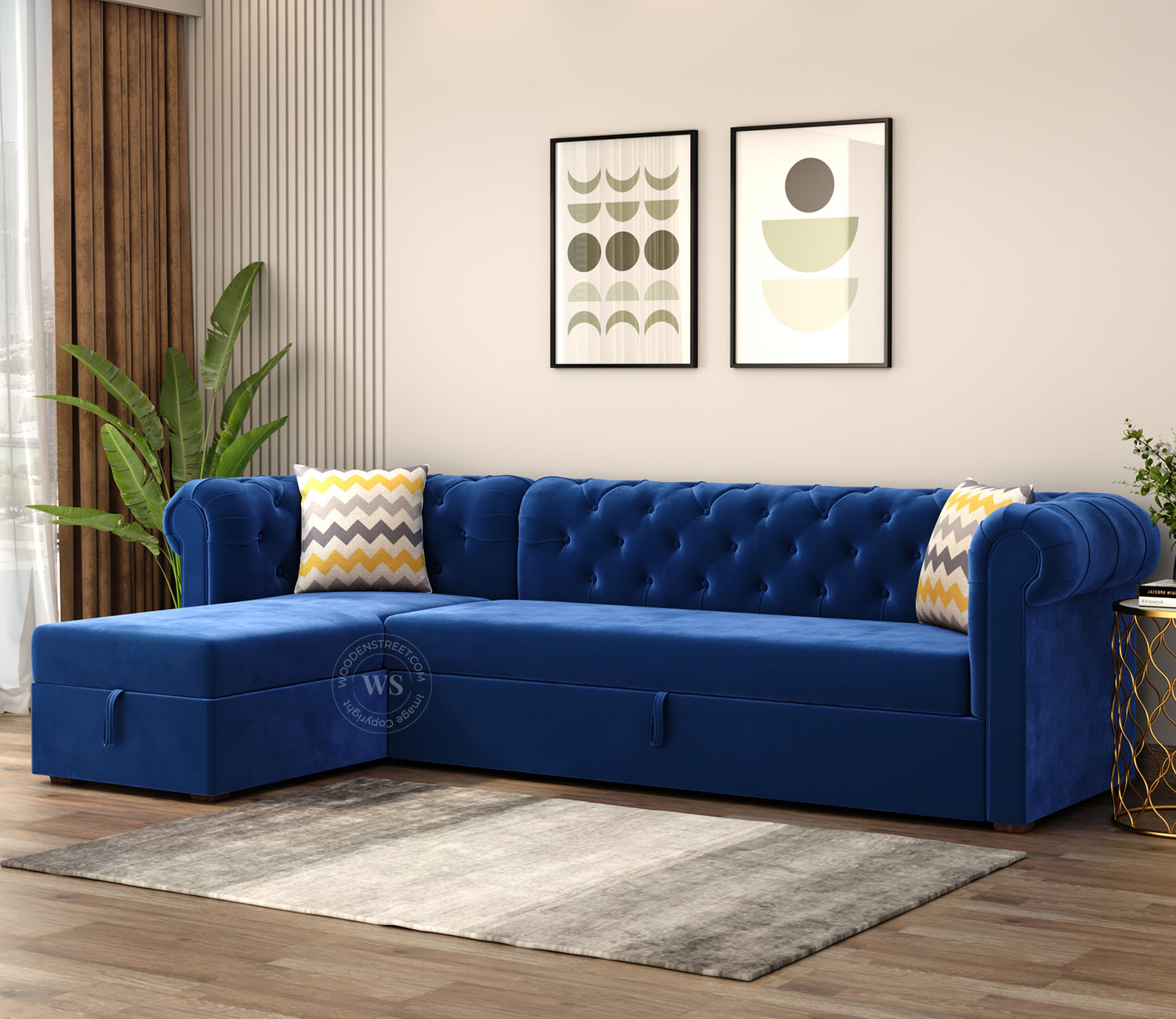Henry Left Aligned Convertible Sofa Cum Bed with Storage (Velvet, Indigo Blue)