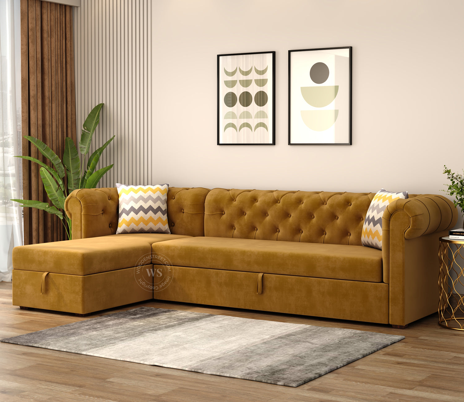 Henry Left Aligned Convertible Sofa Cum Bed with Storage (Velvet, Chestnut Brown)