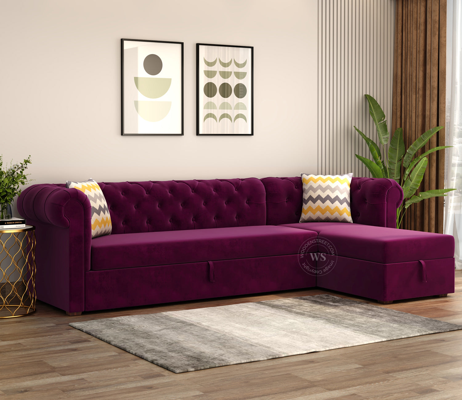 Henry Right Aligned Convertible Sofa Cum Bed with Storage (Velvet, Mulberry Pink)