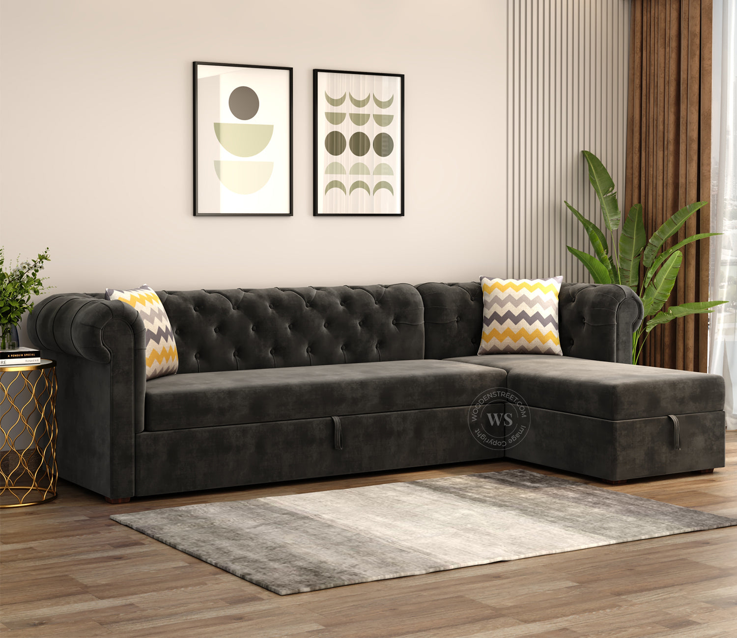 Henry Right Aligned Convertible Sofa Cum Bed with Storage (Velvet, Graphite Grey)