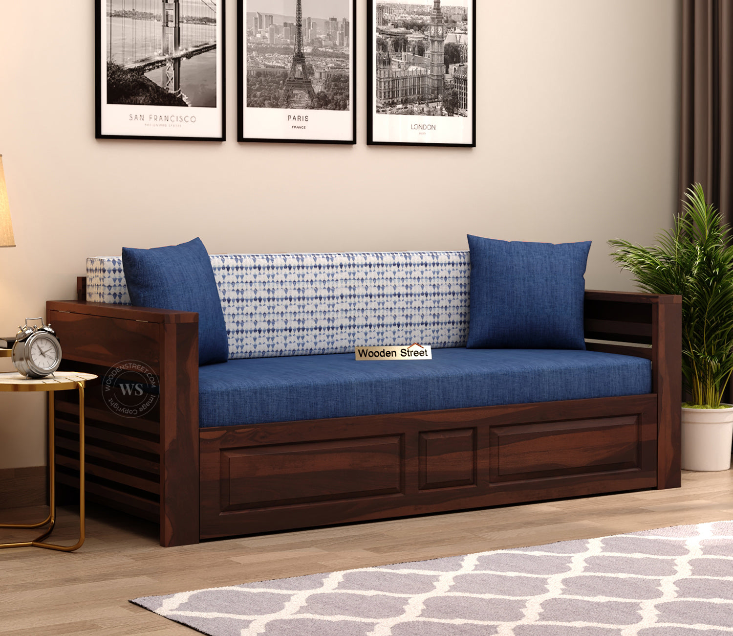 Feltro Sheesham Wood Sofa Bed With Storage (Queen Size, Walnut Iris Blue)