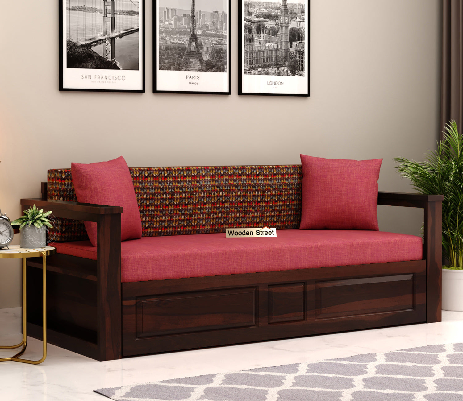 Riota Sheesham Wood Sofa Bed With Storage (King Size, Walnut Berry Diamonds)