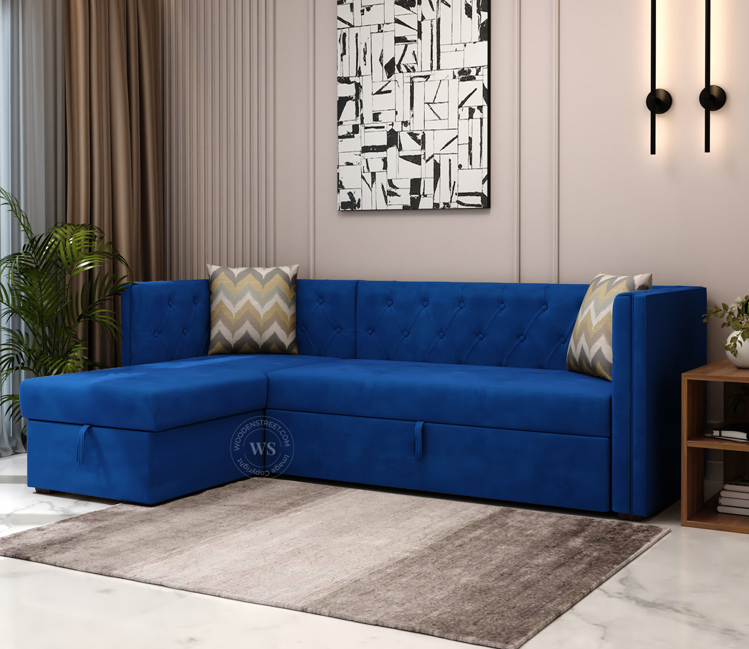 Berlin Left Aligned Convertible Sofa Cum Bed with Storage (Velvet, Indigo Blue)