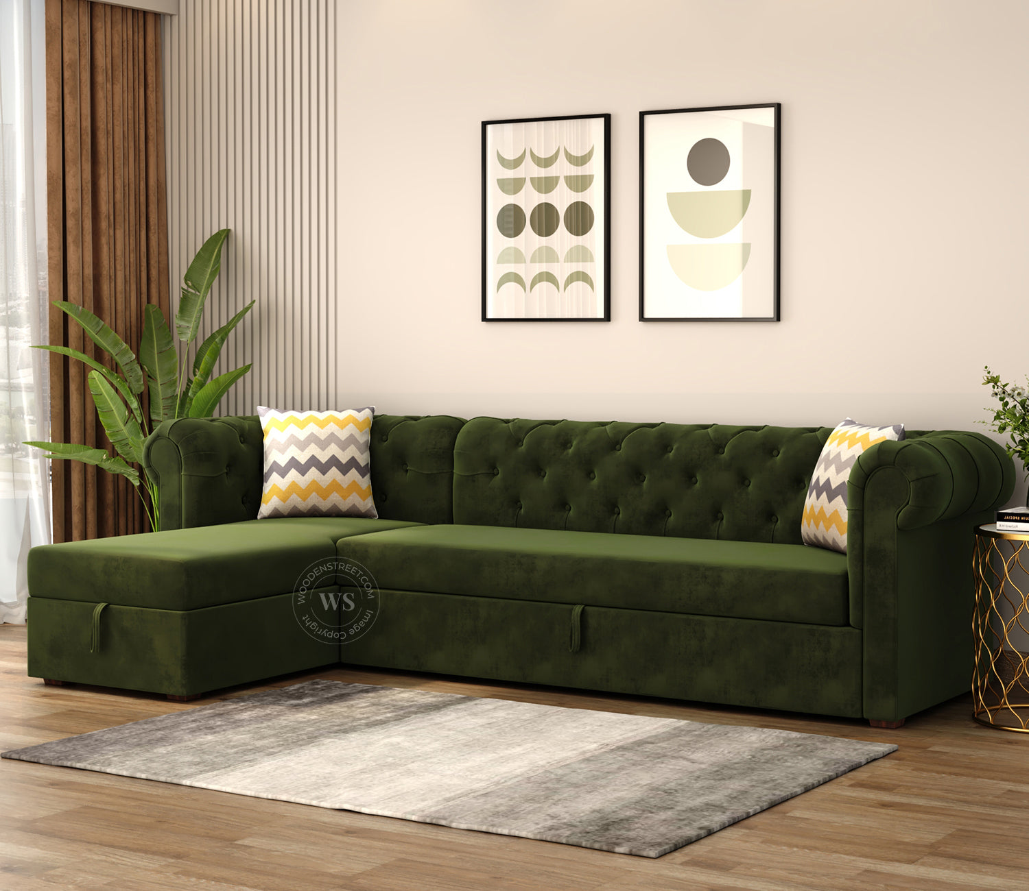 Henry Left Aligned Convertible Sofa Cum Bed with Storage (Velvet, Dark Olive Green)
