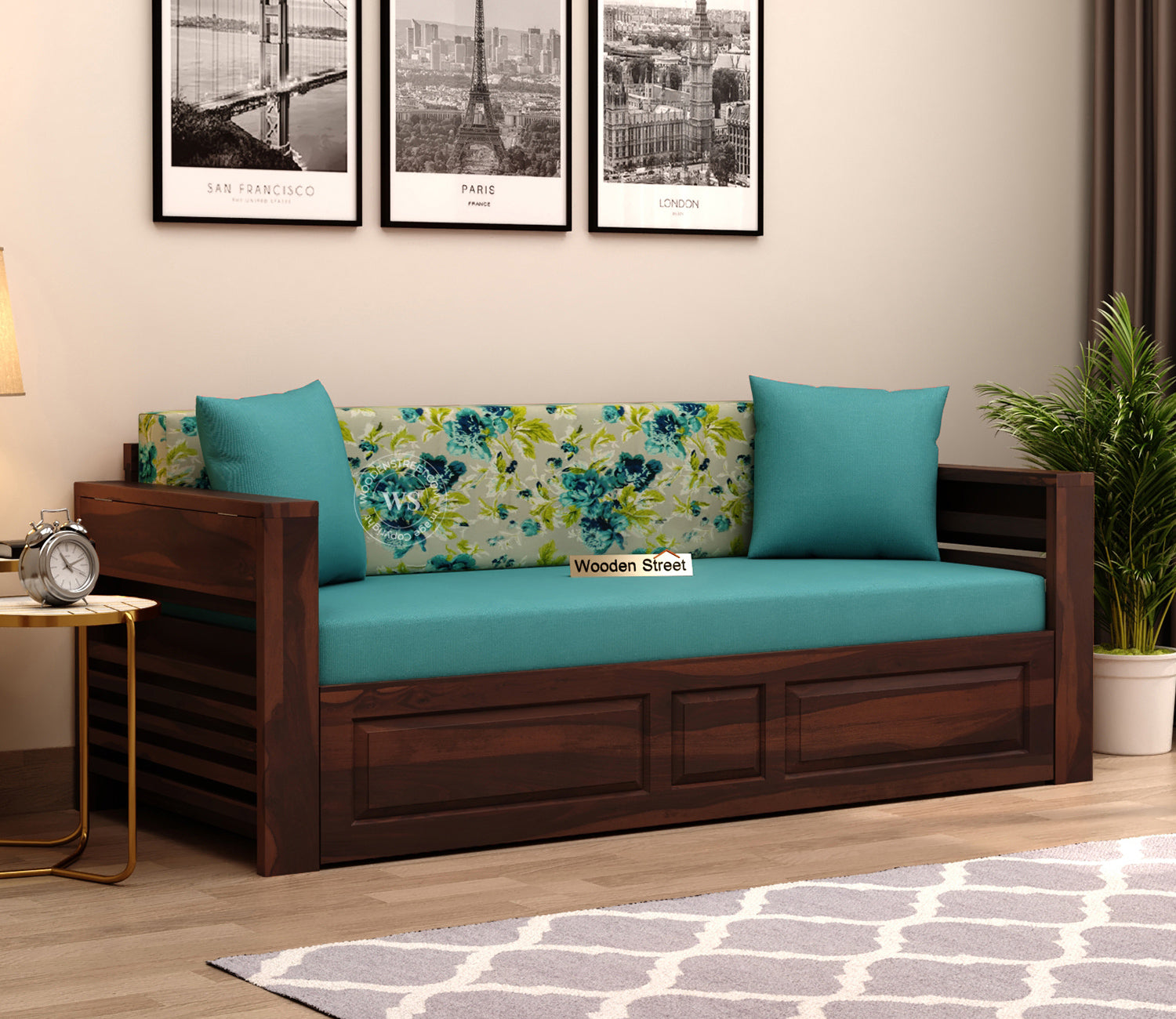 Feltro Sheesham Wood Sofa Bed With Storage (King Size, Walnut Teal Aqua Marine)