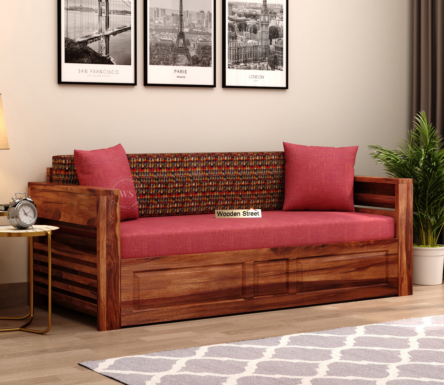 Feltro Sheesham Wood Sofa Bed With Storage (Queen Size, Honey Berry Diamonds)