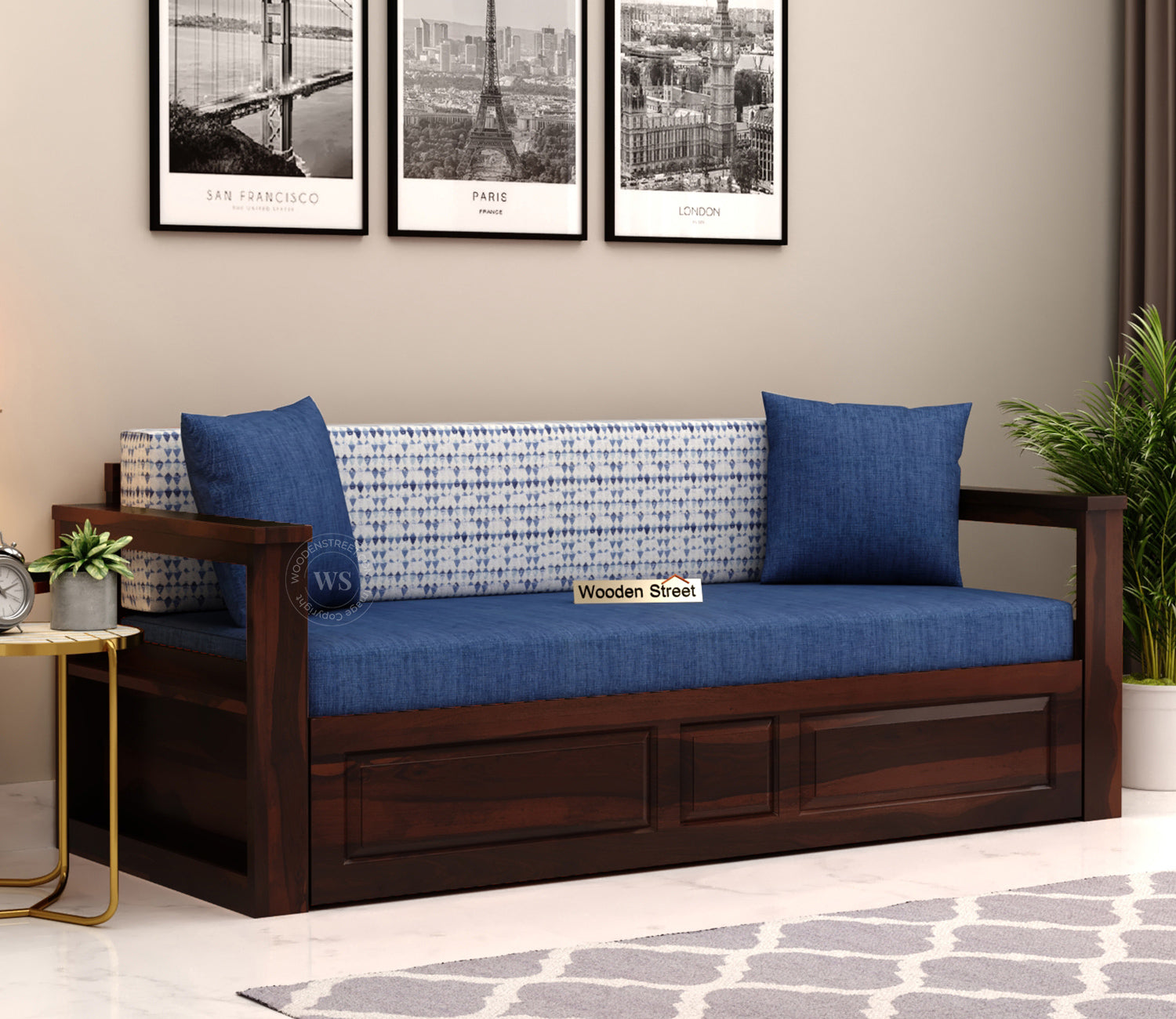 Riota Sheesham Wood Sofa Bed With Storage (King Size, Walnut Iris Blue)