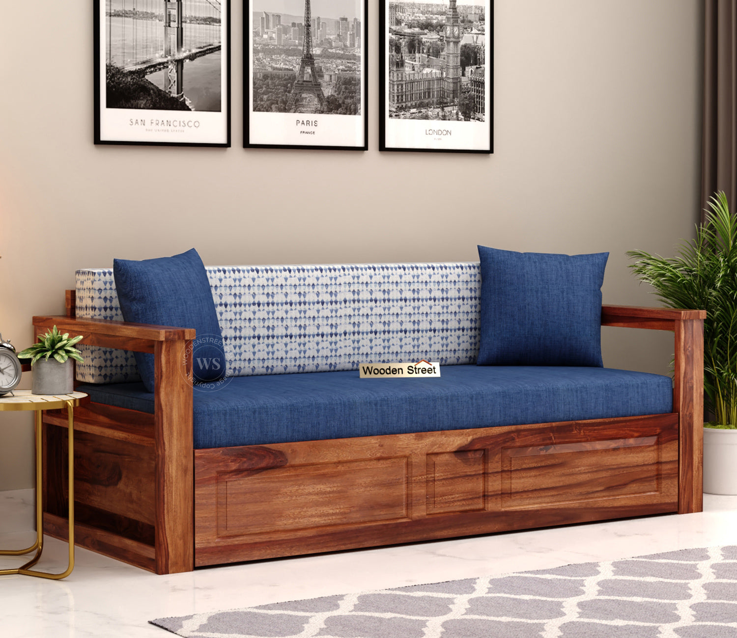 Riota Sheesham Wood Sofa Bed With Storage (King Size, Honey Iris Blue) |The Sofa Beds | Wooden Sofa Bed 