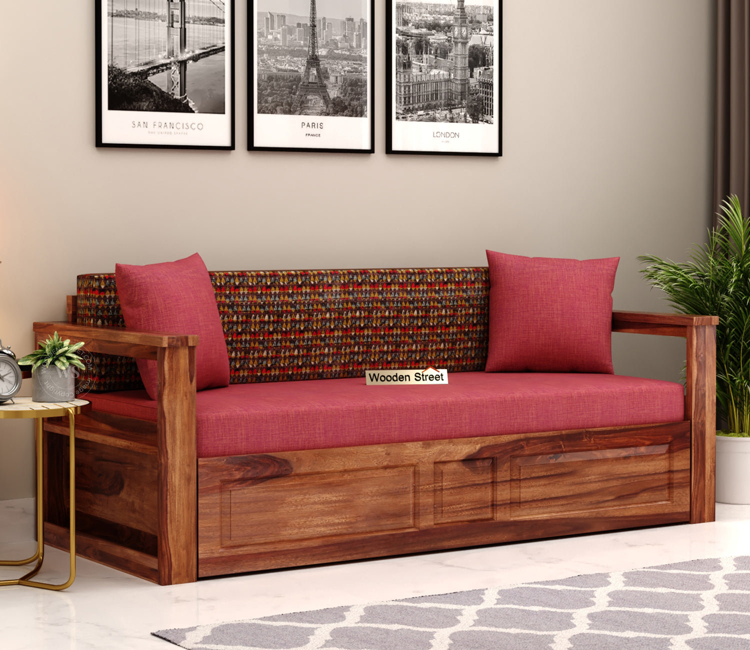 Riota Sheesham Wood Sofa Bed With Storage (King Size, Honey Berry Diamonds) | The Sofa Beds | Sofa Beds | Wooden Sofa Bed | Sofa Cum Bed | Sofa Cum Bed With Storage