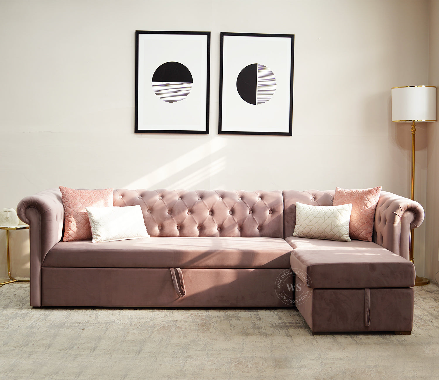 Henry Right Aligned Convertible Sofa Cum Bed with Storage (Velvet, Salmon Pink)