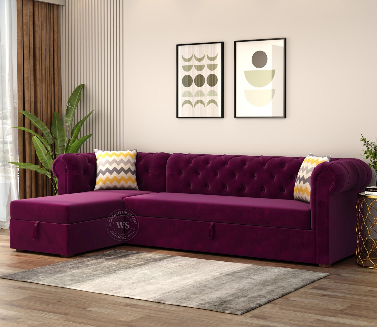 Henry Left Aligned Convertible Sofa Cum Bed with Storage (Velvet, Mulberry Pink)