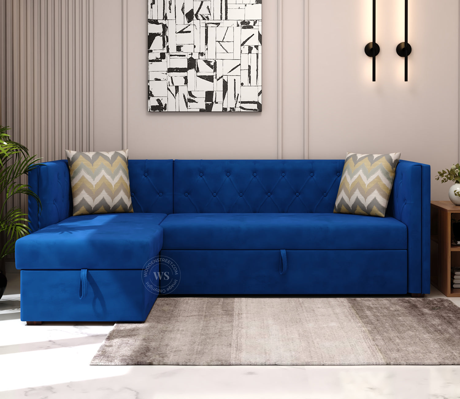 Berlin Left Aligned Convertible Sofa Cum Bed with Storage (Velvet, Indigo Blue)
