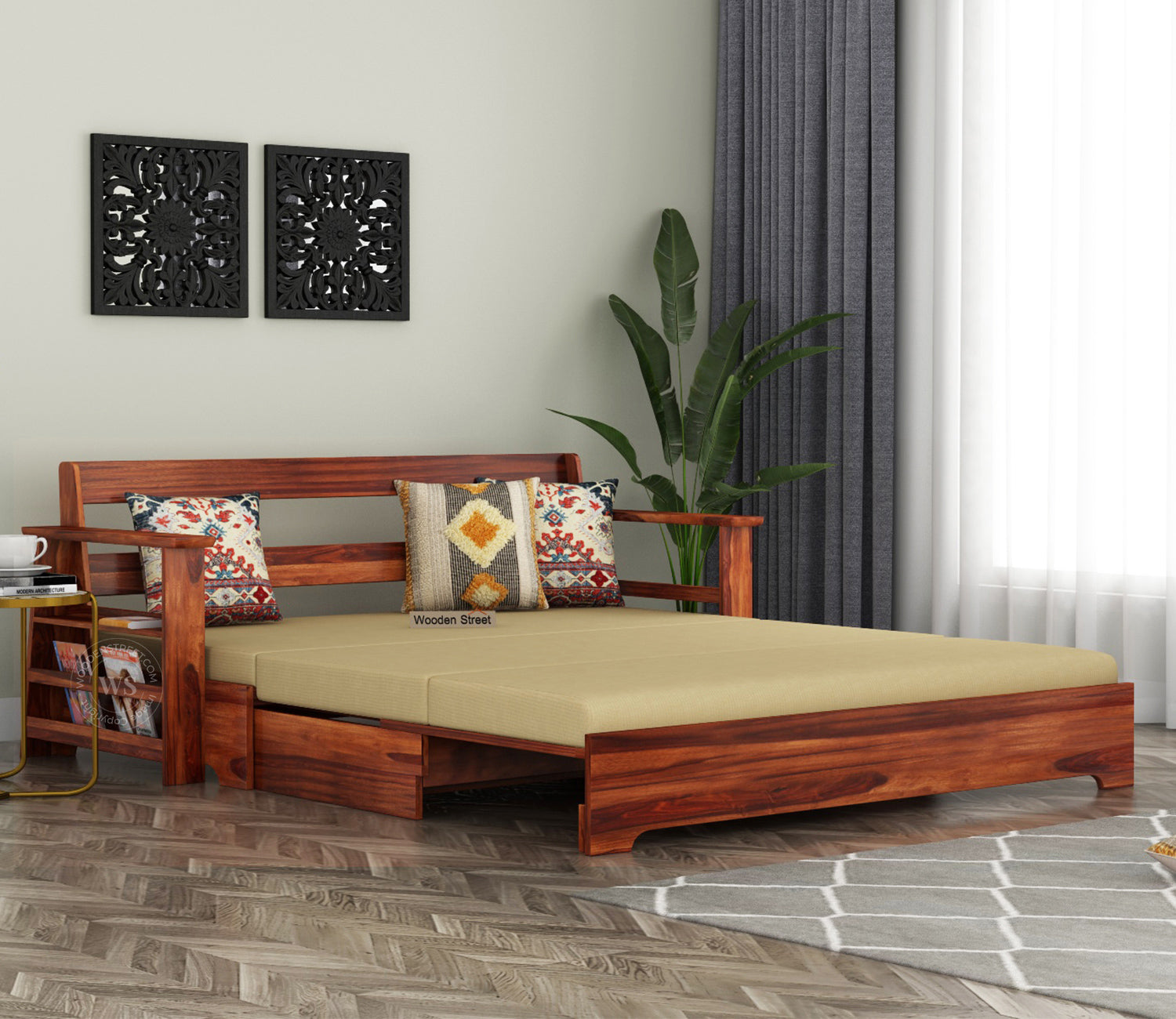 Della Sheesham Wood Sofa Cum Bed With Armrests (Honey Irish Cream)