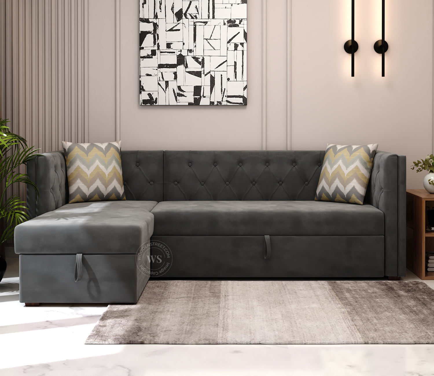 Berlin Left Aligned Convertible Sofa Cum Bed with Storage (Velvet, Graphite Grey)