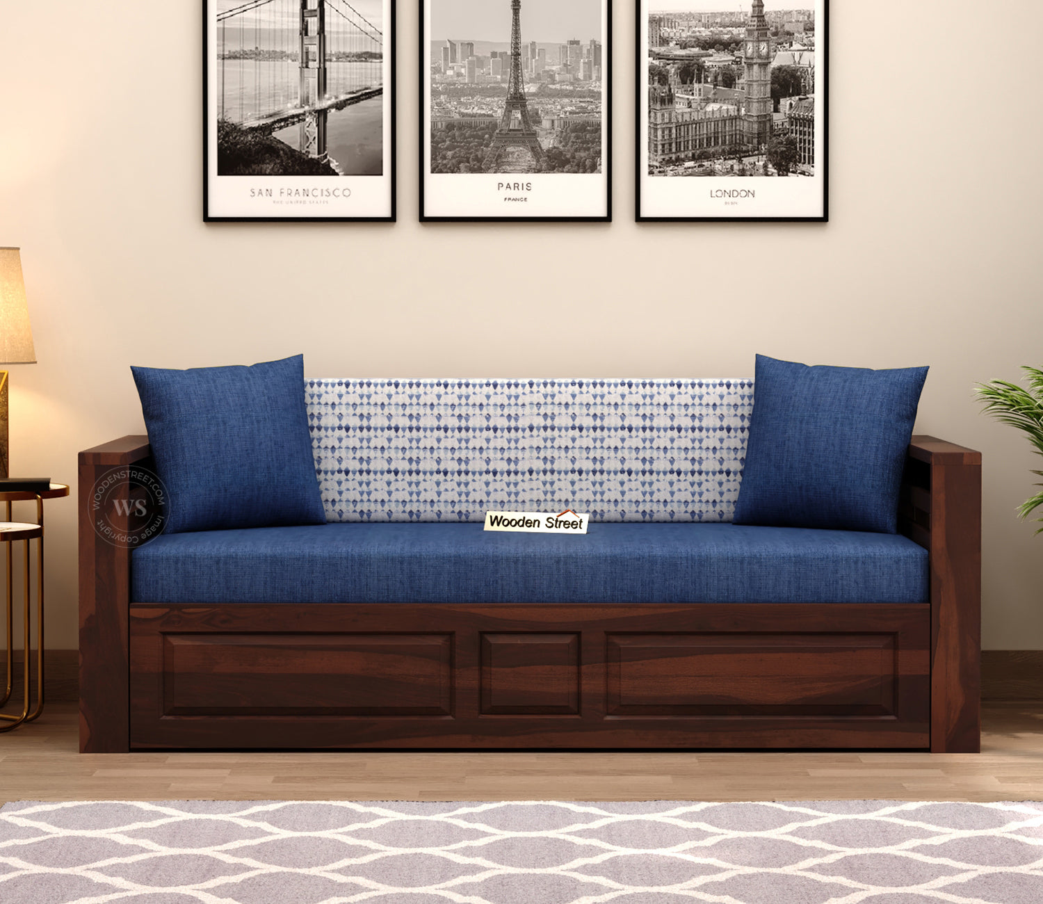 Feltro Sheesham Wood Sofa Bed With Storage (Queen Size, Walnut Iris Blue)