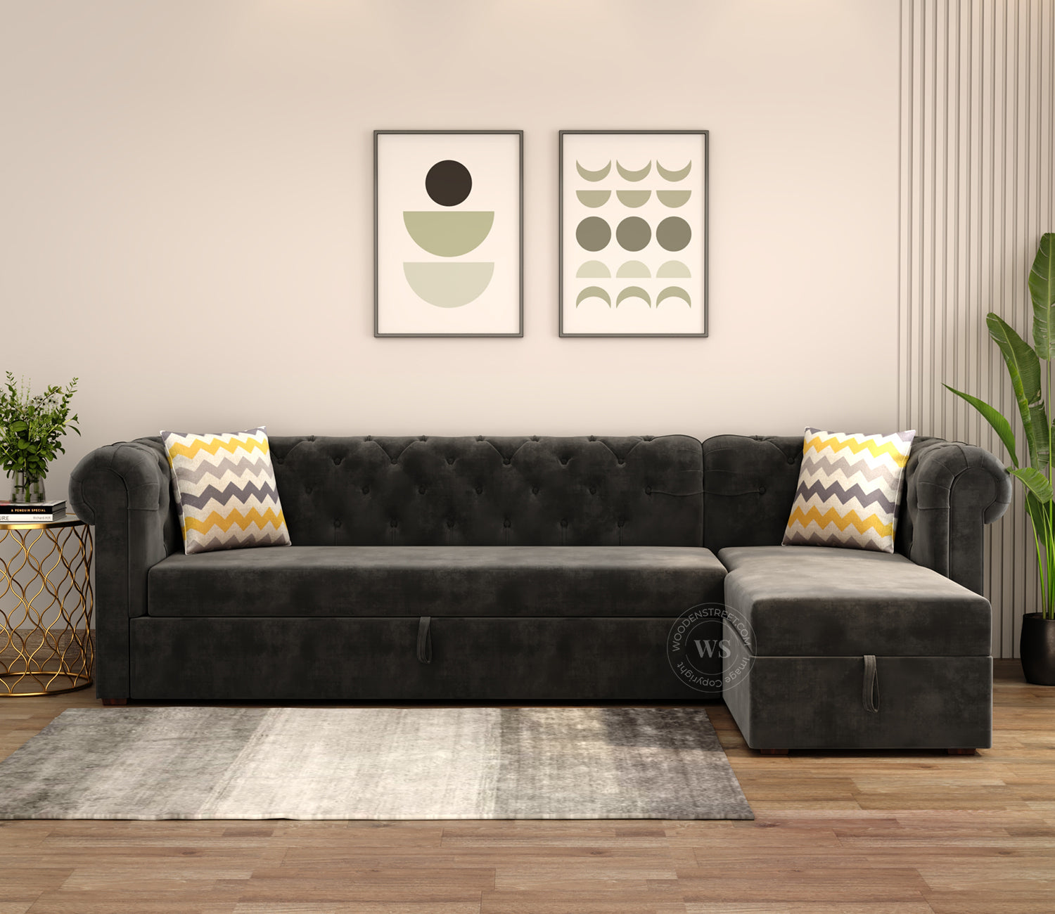 Henry Right Aligned Convertible Sofa Cum Bed with Storage (Velvet, Graphite Grey)