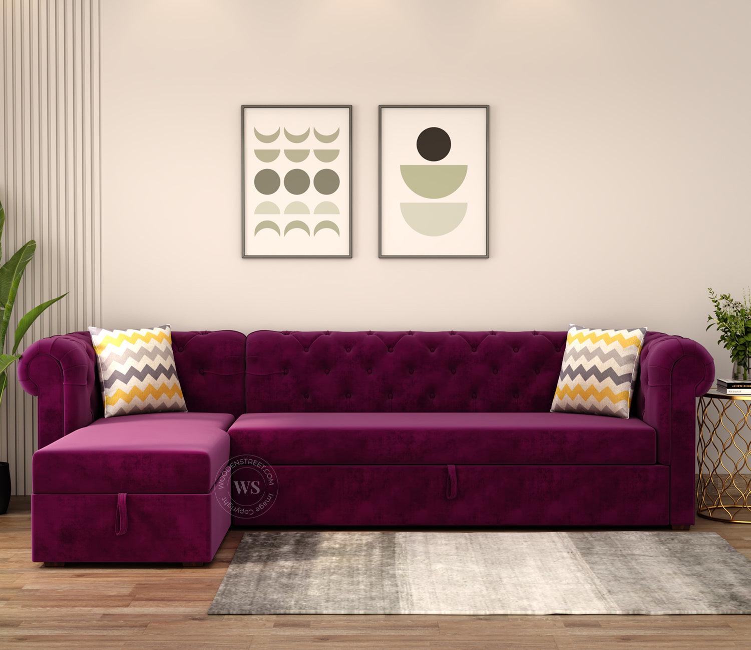 Henry Left Aligned Convertible Sofa Cum Bed with Storage (Velvet, Mulberry Pink)