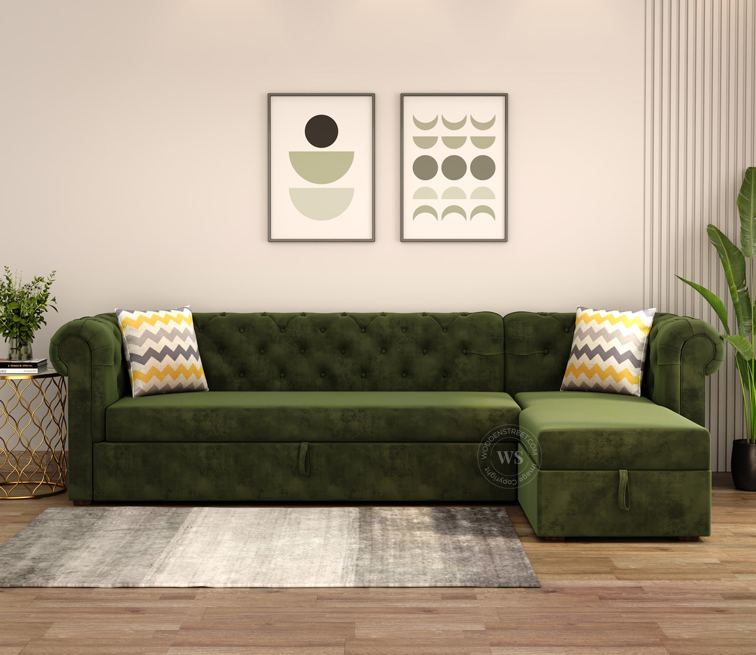 Henry Right Aligned Convertible Sofa Cum Bed with Storage (Velvet, Dark Olive Green)