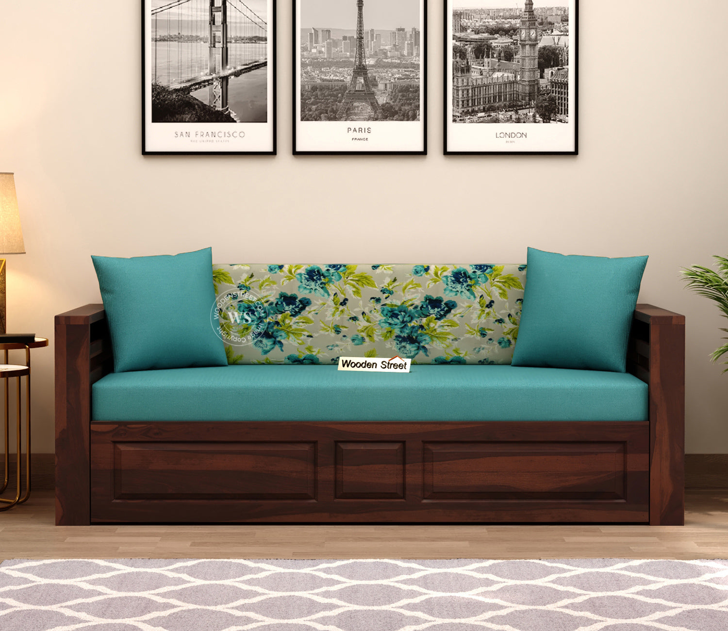 Feltro Sheesham Wood Sofa Bed With Storage (King Size, Walnut Teal Aqua Marine)