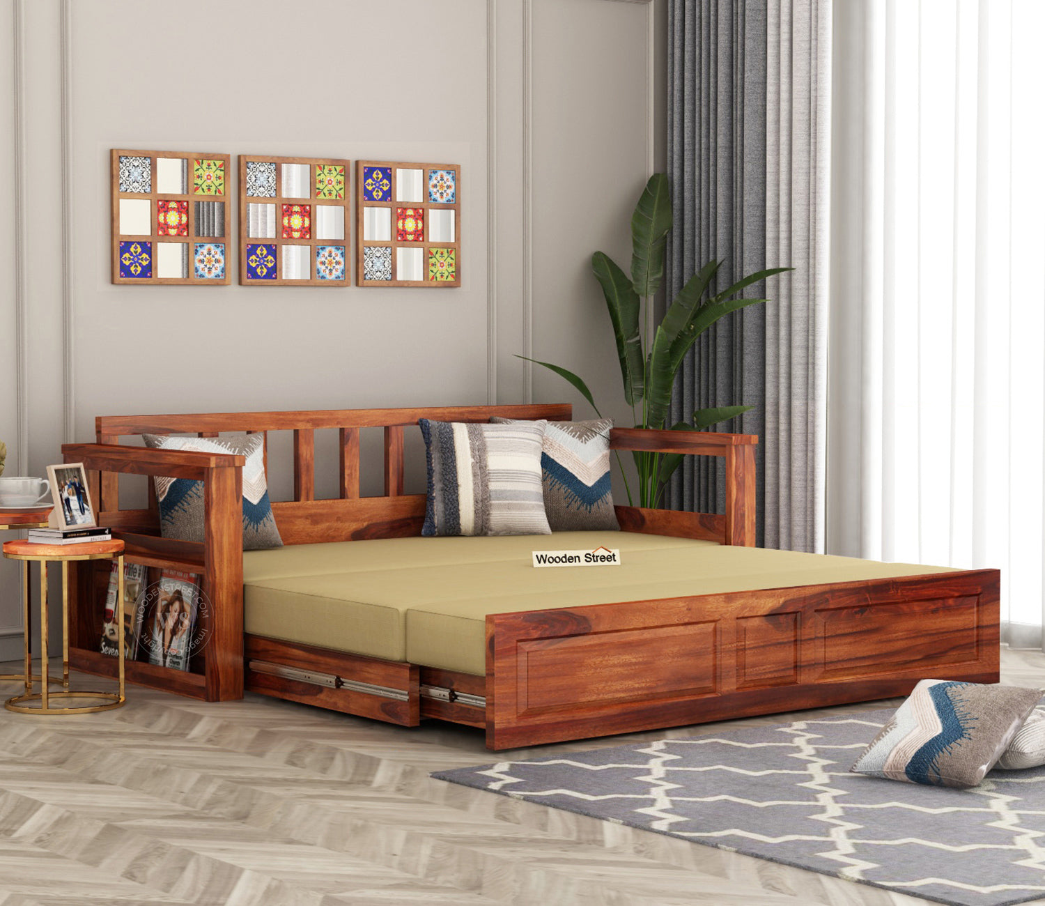 Riota Sheesham Wood Sofa Bed With Storage (King Size, Honey Irish Cream)