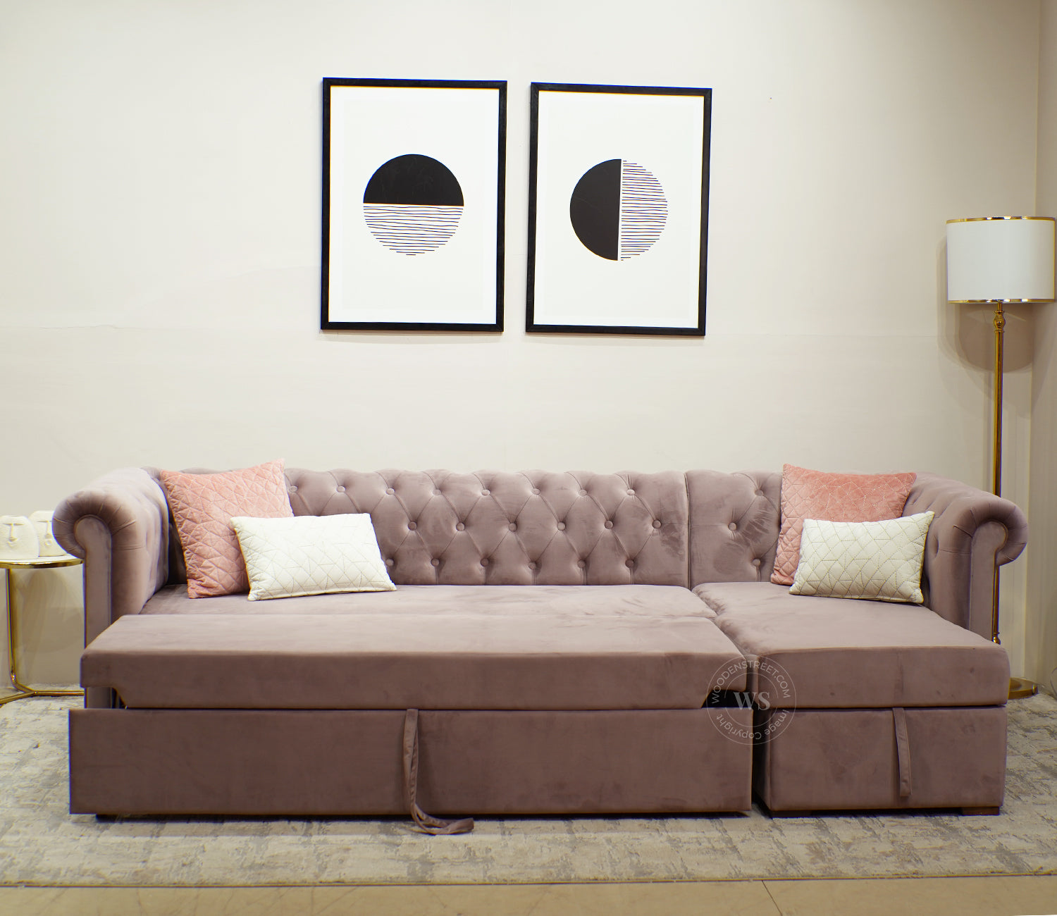 Henry Right Aligned Convertible Sofa Cum Bed with Storage (Velvet, Salmon Pink)