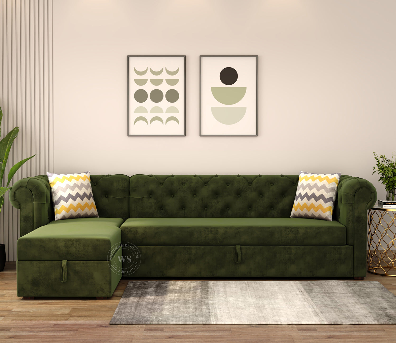 Henry Left Aligned Convertible Sofa Cum Bed with Storage (Velvet, Dark Olive Green)