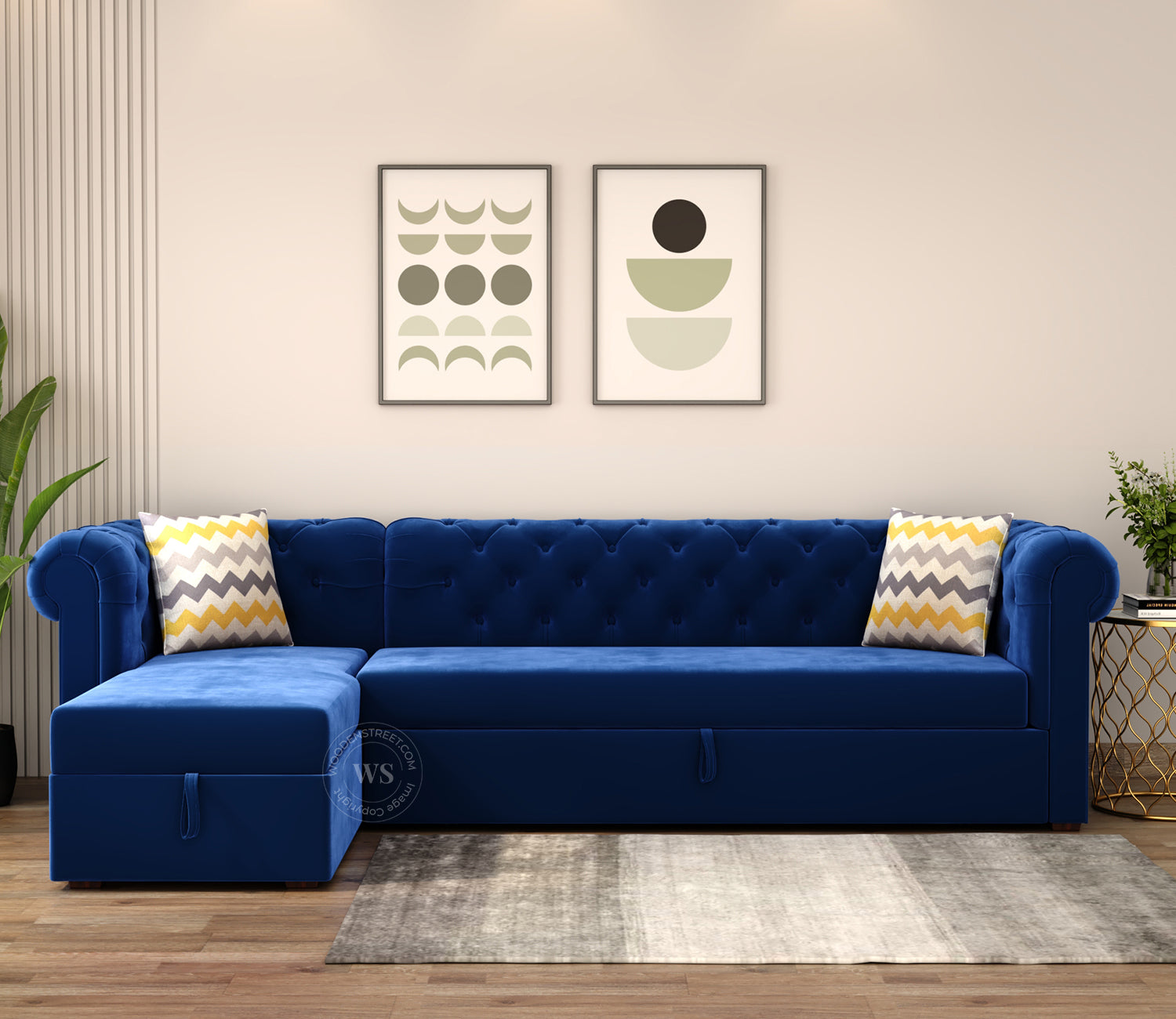 Henry Left Aligned Convertible Sofa Cum Bed with Storage (Velvet, Indigo Blue)