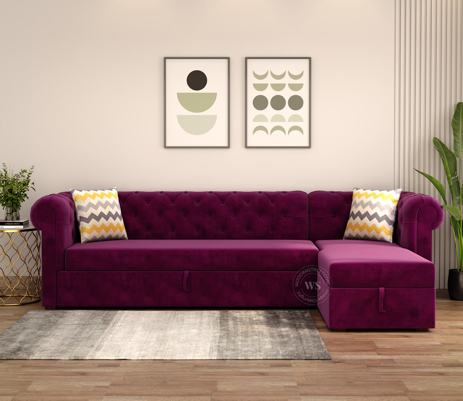 Henry Right Aligned Convertible Sofa Cum Bed with Storage (Velvet, Mulberry Pink)