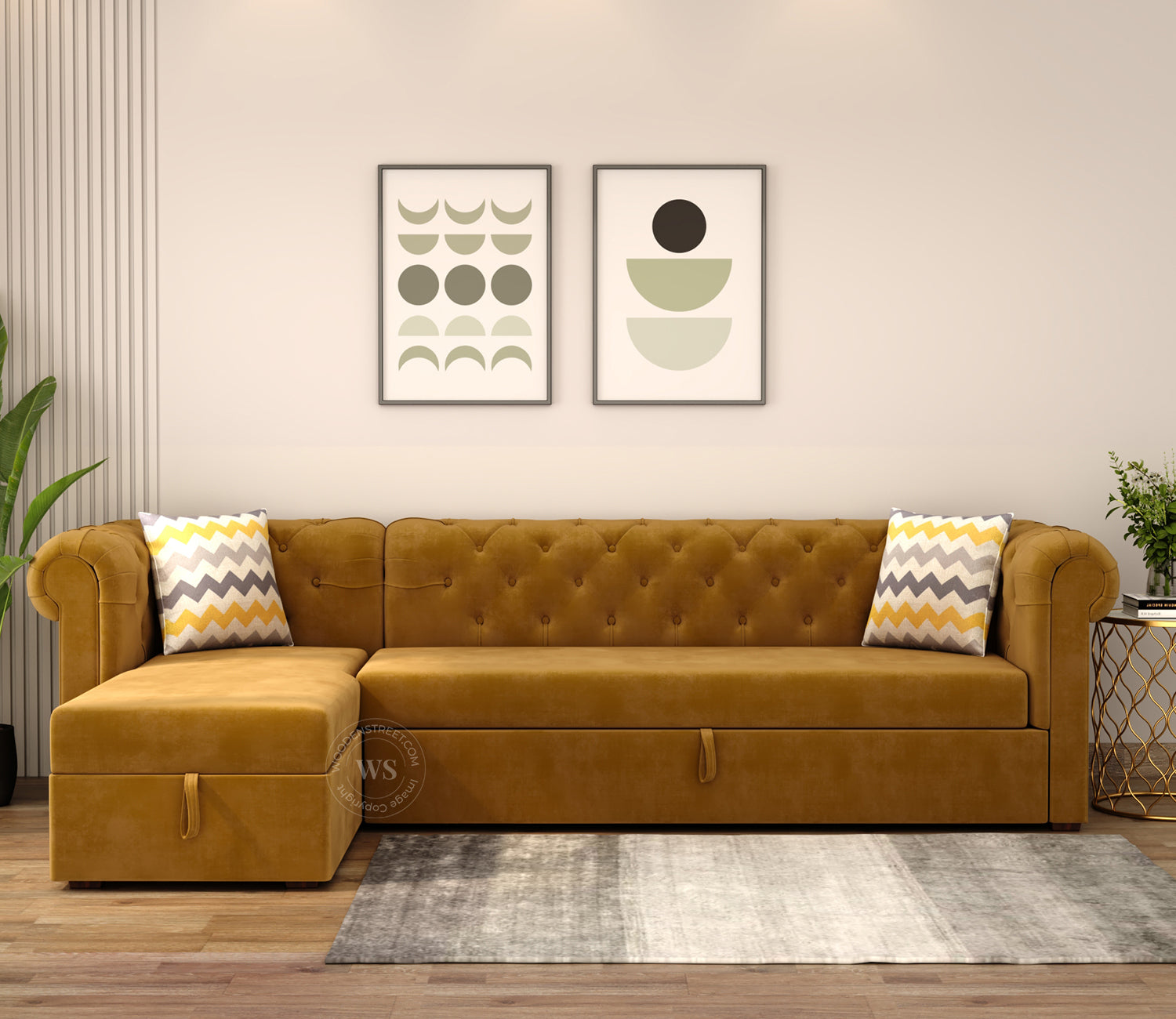 Henry Left Aligned Convertible Sofa Cum Bed with Storage (Velvet, Chestnut Brown)