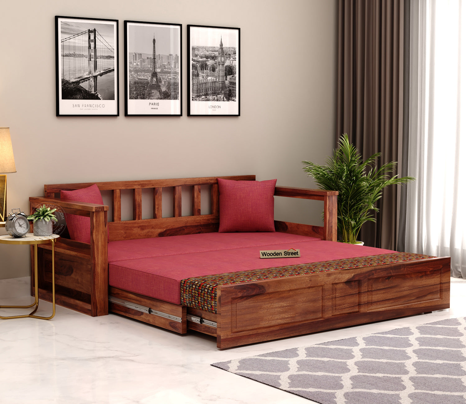 Riota Sheesham Wood Sofa Bed With Storage (King Size, Honey Berry Diamonds)  | The Sofa Beds | Sofa Beds | Wooden Sofa Bed | Sofa Cum Bed | Sofa Cum Bed With Storage