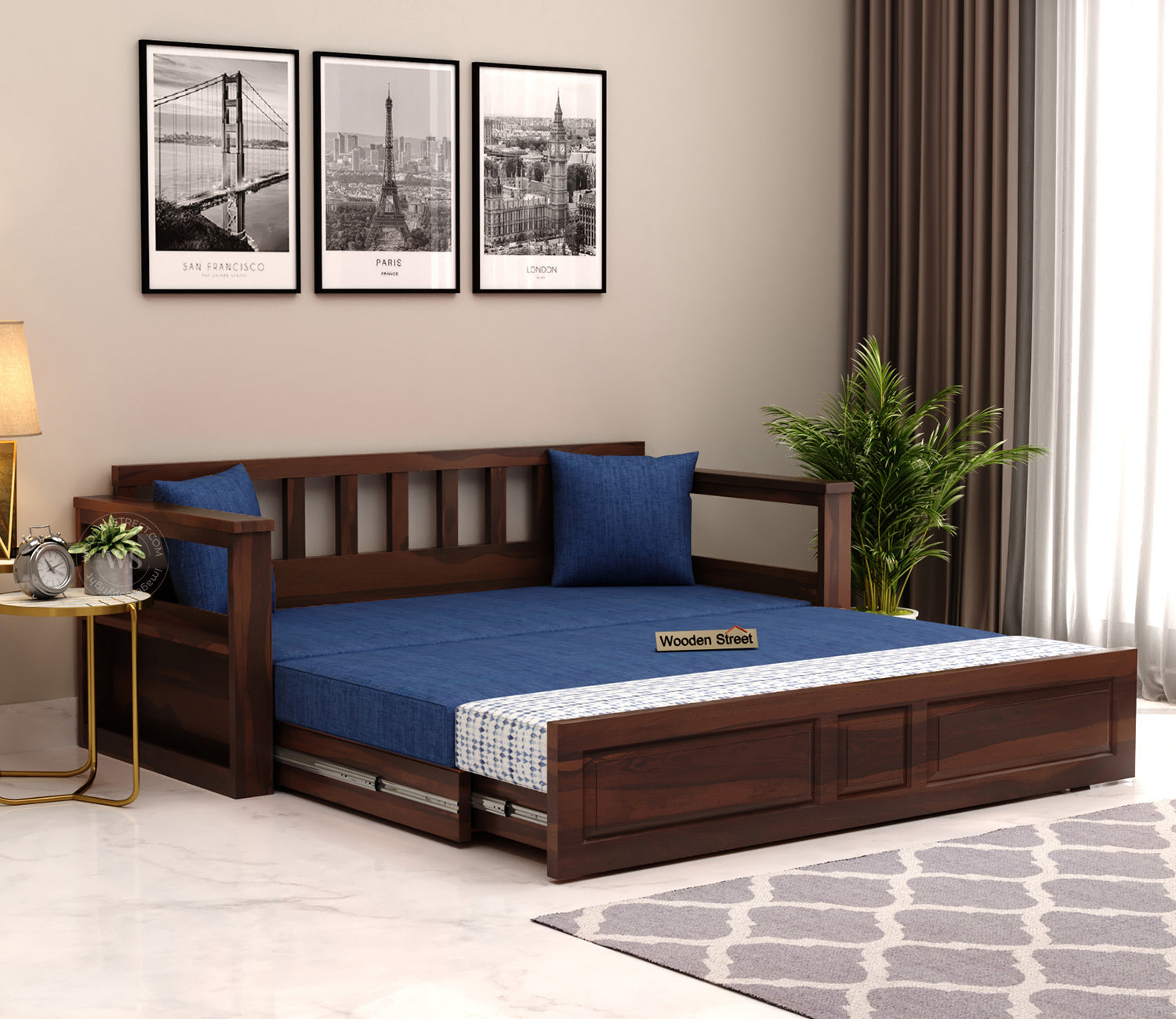 Riota Sheesham Wood Sofa Bed With Storage (King Size, Walnut Iris Blue)
