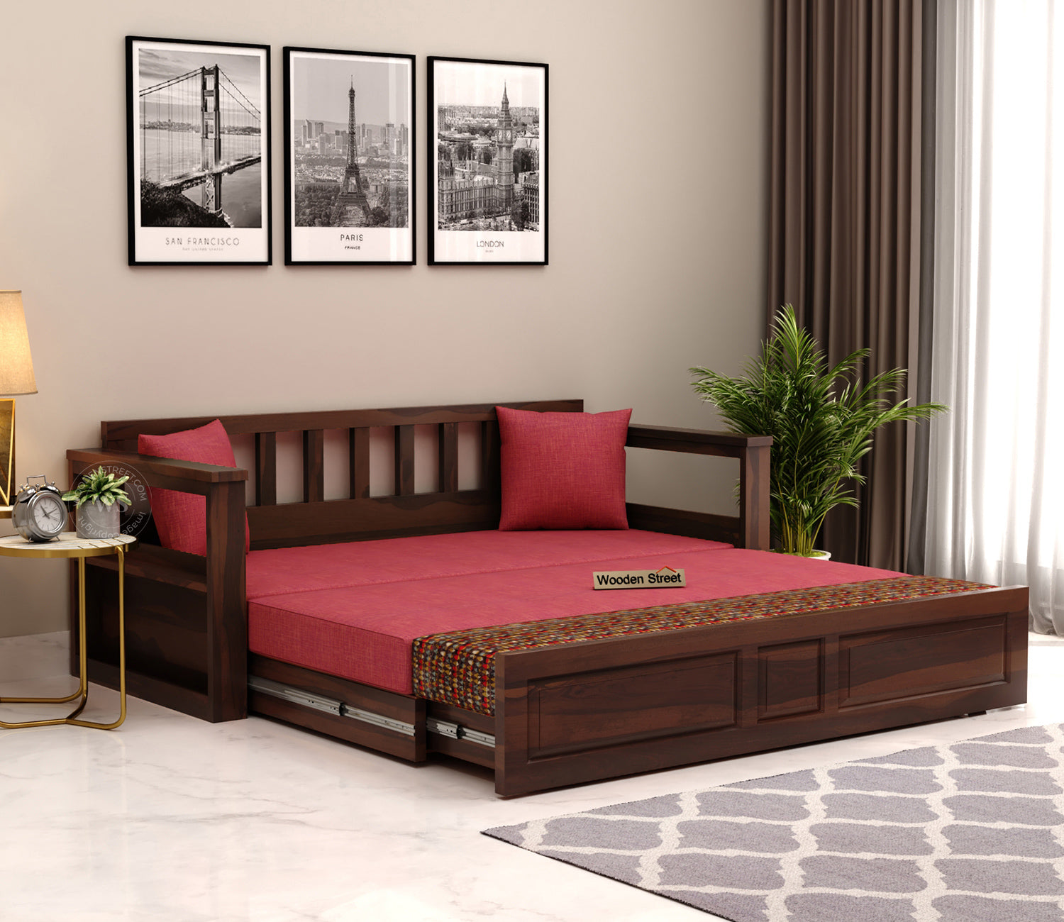 Riota Sheesham Wood Sofa Bed With Storage (King Size, Walnut Berry Diamonds)