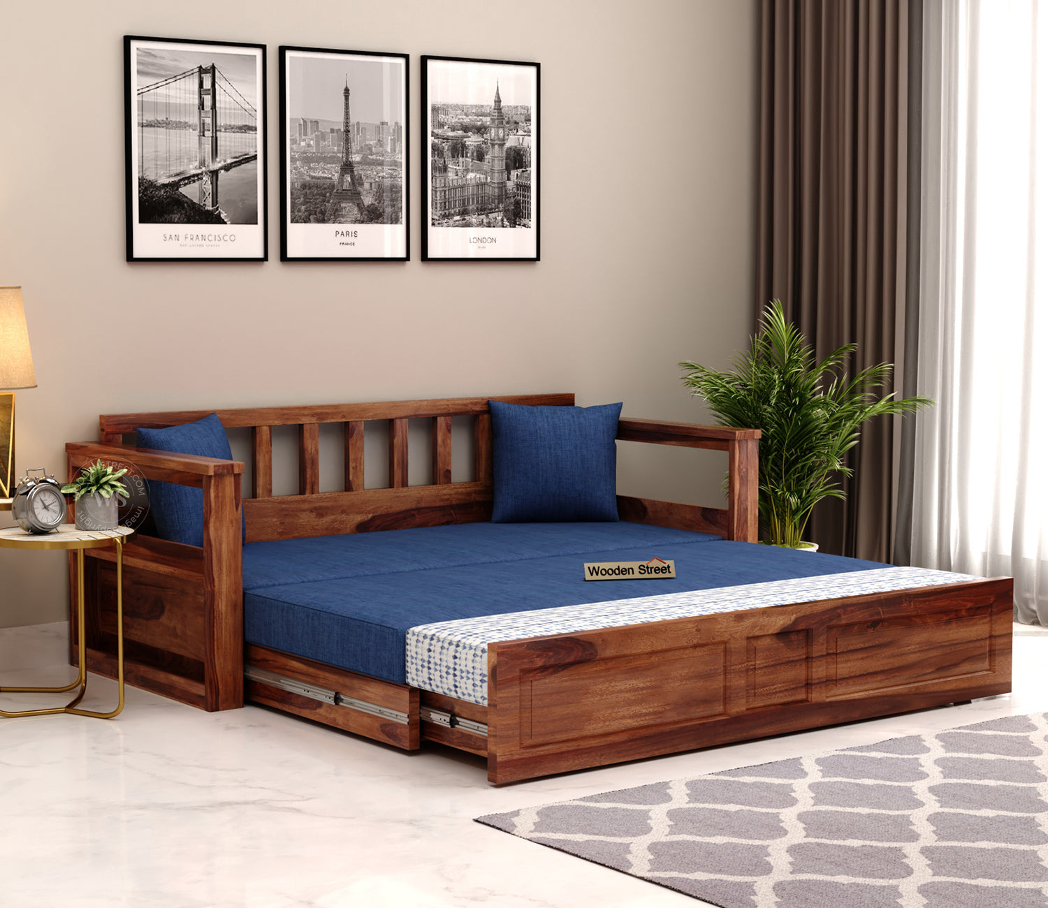 Riota Sheesham Wood Sofa Bed With Storage (King Size, Honey Iris Blue) |The Sofa Beds | Wooden Sofa Bed 