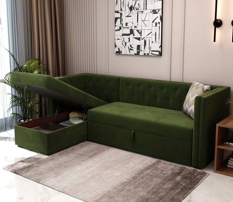 Berlin Left Aligned Convertible Sofa Cum Bed with Storage (Velvet, Dark Olive Green)