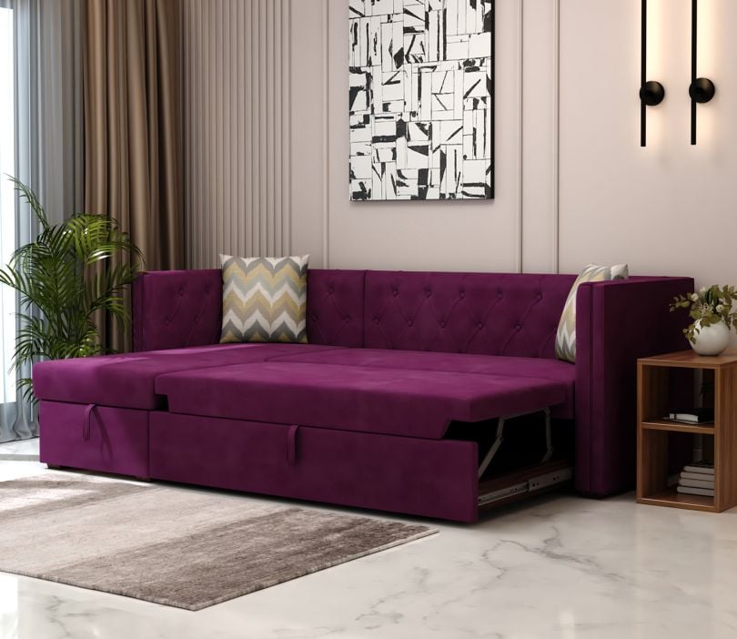 Berlin Left Aligned Convertible Sofa Cum Bed with Storage (Velvet, Mulberry Pink)