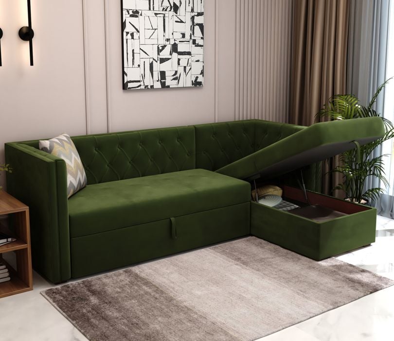 Berlin Right Aligned Convertible Sofa Cum Bed with Storage (Velvet, Dark Olive Green)
