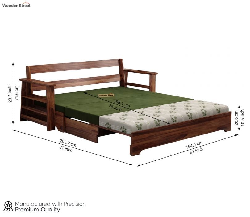 Della Sheesham Wood Sofa Cum Bed With Armrests (Honey Palm Leaf stripes)