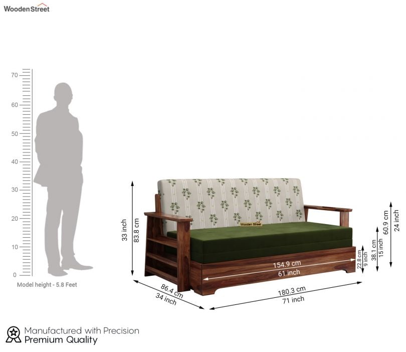 Della Sheesham Wood Sofa Cum Bed With Armrests (Honey Palm Leaf stripes)
