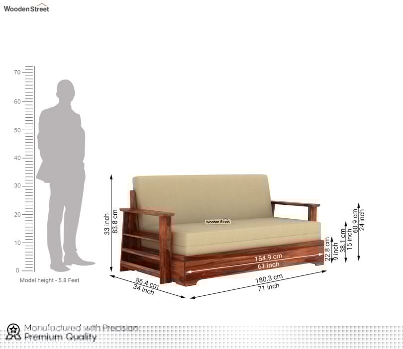 Della Sheesham Wood Sofa Cum Bed With Armrests (Honey Irish Cream)