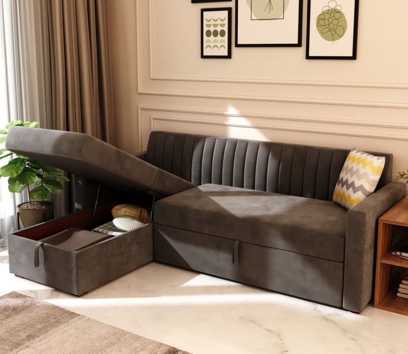 Everett Left Aligned Convertible Sofa Cum Bed with Storage (Velvet, Graphite Grey)