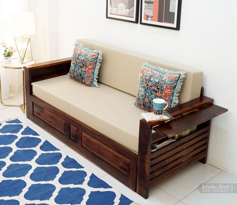 Feltro Sheesham Wood Sofa Bed With Storage (King Size, Honey Irish Cream)