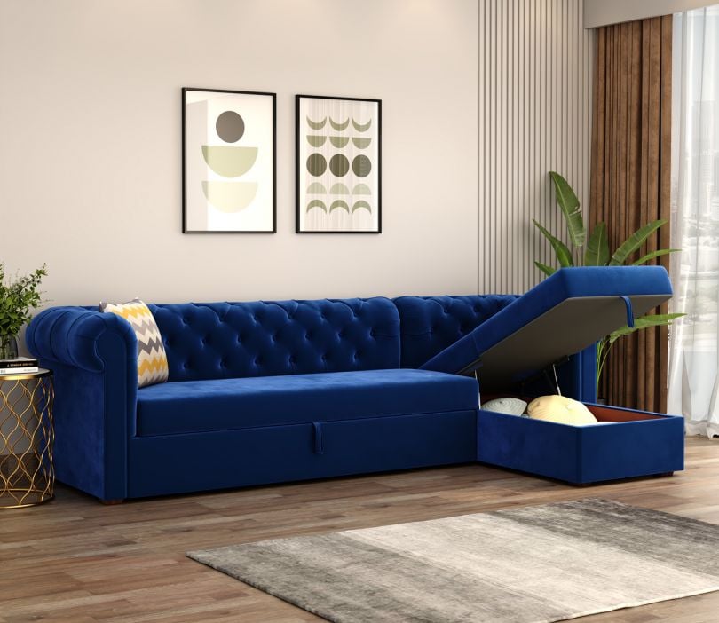 Henry Right Aligned Convertible Sofa Cum Bed with Storage (Velvet, Indigo Blue)
