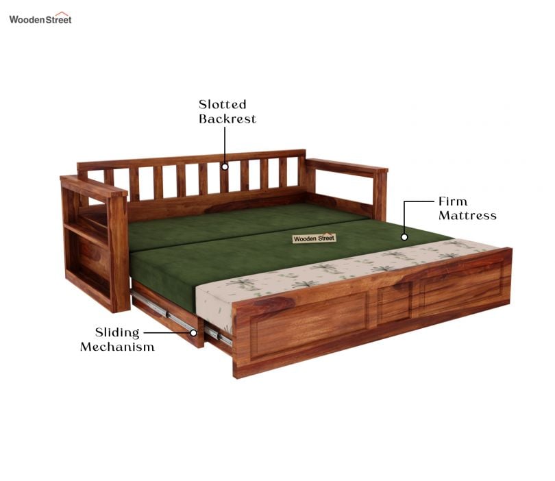 Riota Sheesham Wood Sofa Bed With Storage (King Size, Honey Cream Tropical)  | The Sofa Beds | Sofa Bed | 2 seater Sofa bed | wooden sofa beds