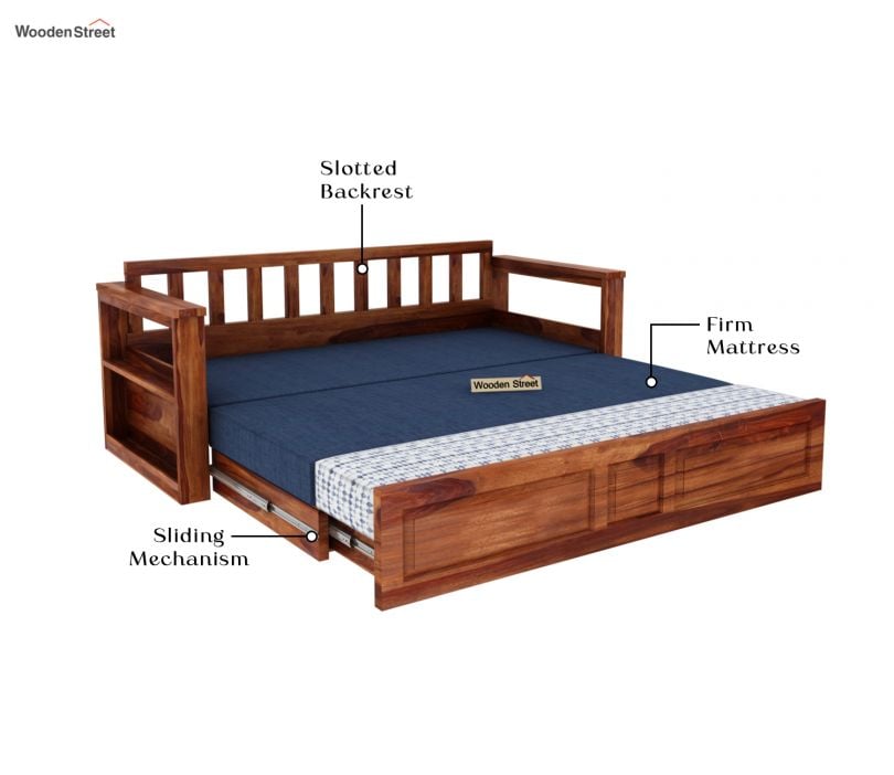 Riota Sheesham Wood Sofa Bed With Storage (King Size, Honey Iris Blue) |The Sofa Beds | Wooden Sofa Bed 