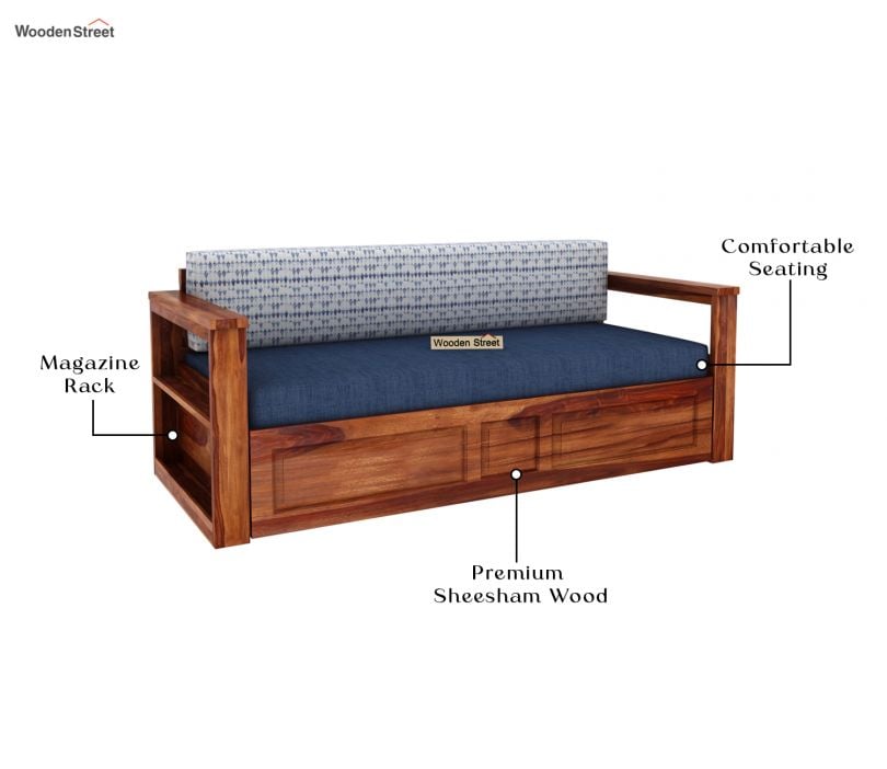 Riota Sheesham Wood Sofa Bed With Storage (King Size, Honey Iris Blue) |The Sofa Beds | Wooden Sofa Bed 