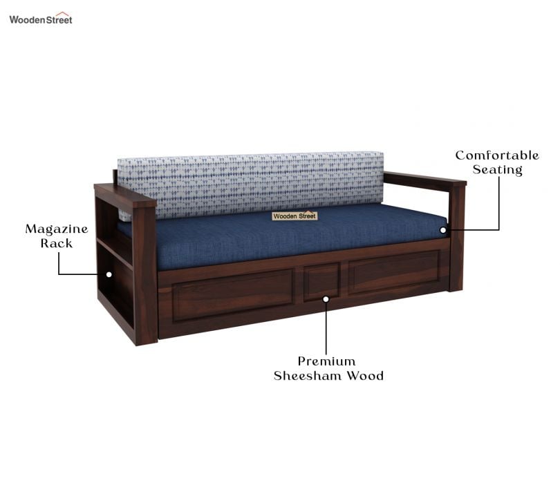 Riota Sheesham Wood Sofa Bed With Storage (King Size, Walnut Iris Blue)