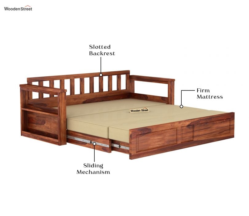 Riota Sheesham Wood Sofa Bed With Storage (King Size, Honey Irish Cream)  The Sofa Beds | Wooden Sofa Bed | 2 seater sofa bed
