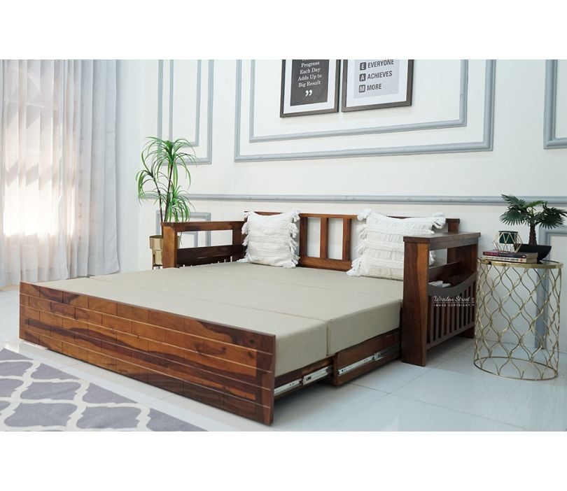 Sereta Sheesham Wood Sofa Cum Bed (King Size, Honey Finish)